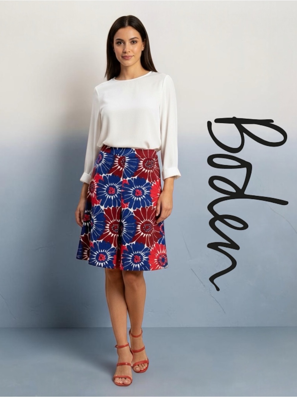 Boden Floral A-Line Mini Skirt - Red, Blue & White Retro Flowers Pockets Sz: 10L
